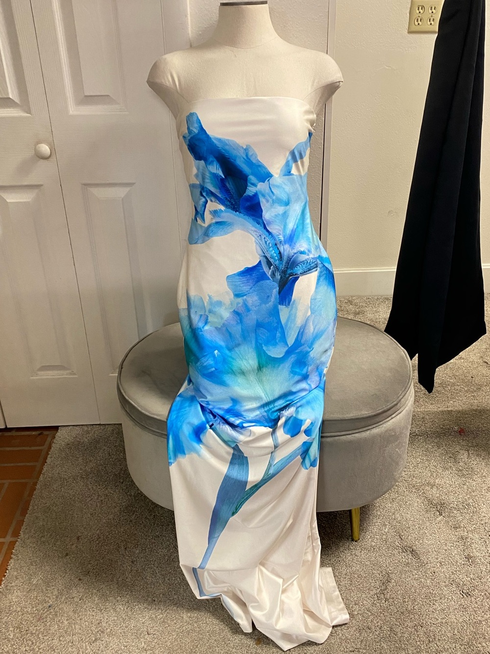 Windsor White Strapless Maxi Dress with Blue Floral Watercolor Print